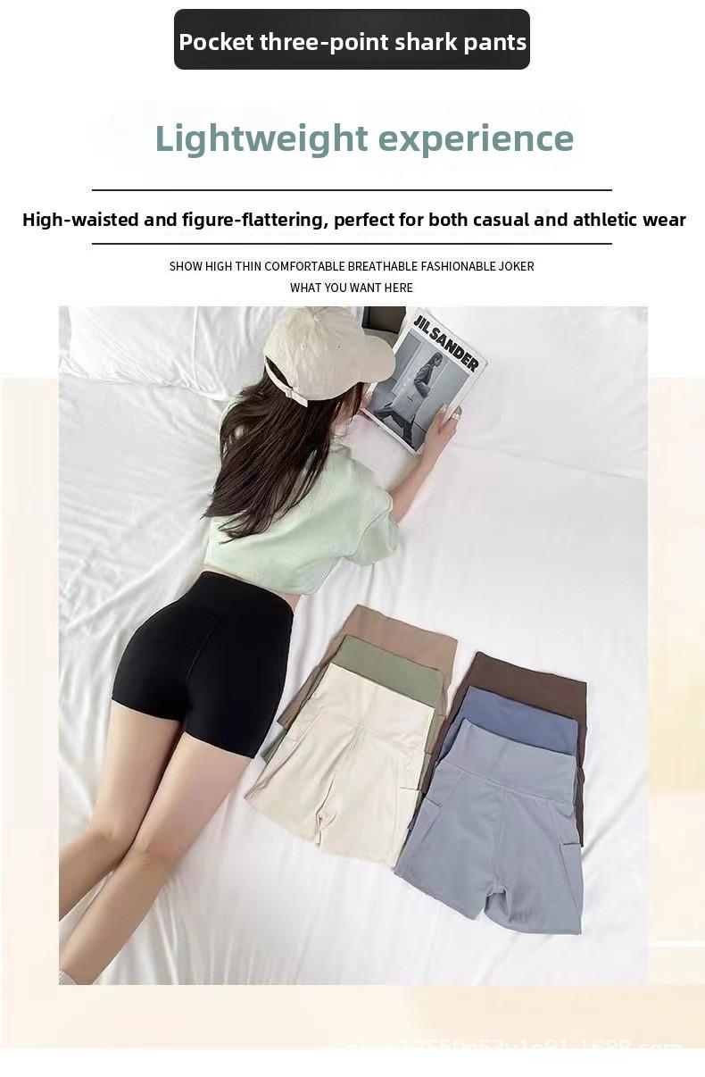 New pocket sharkskin leggings for women, anti-exposure, three-quarter length, high-waisted safety pants, tummy control, slimming yoga shorts