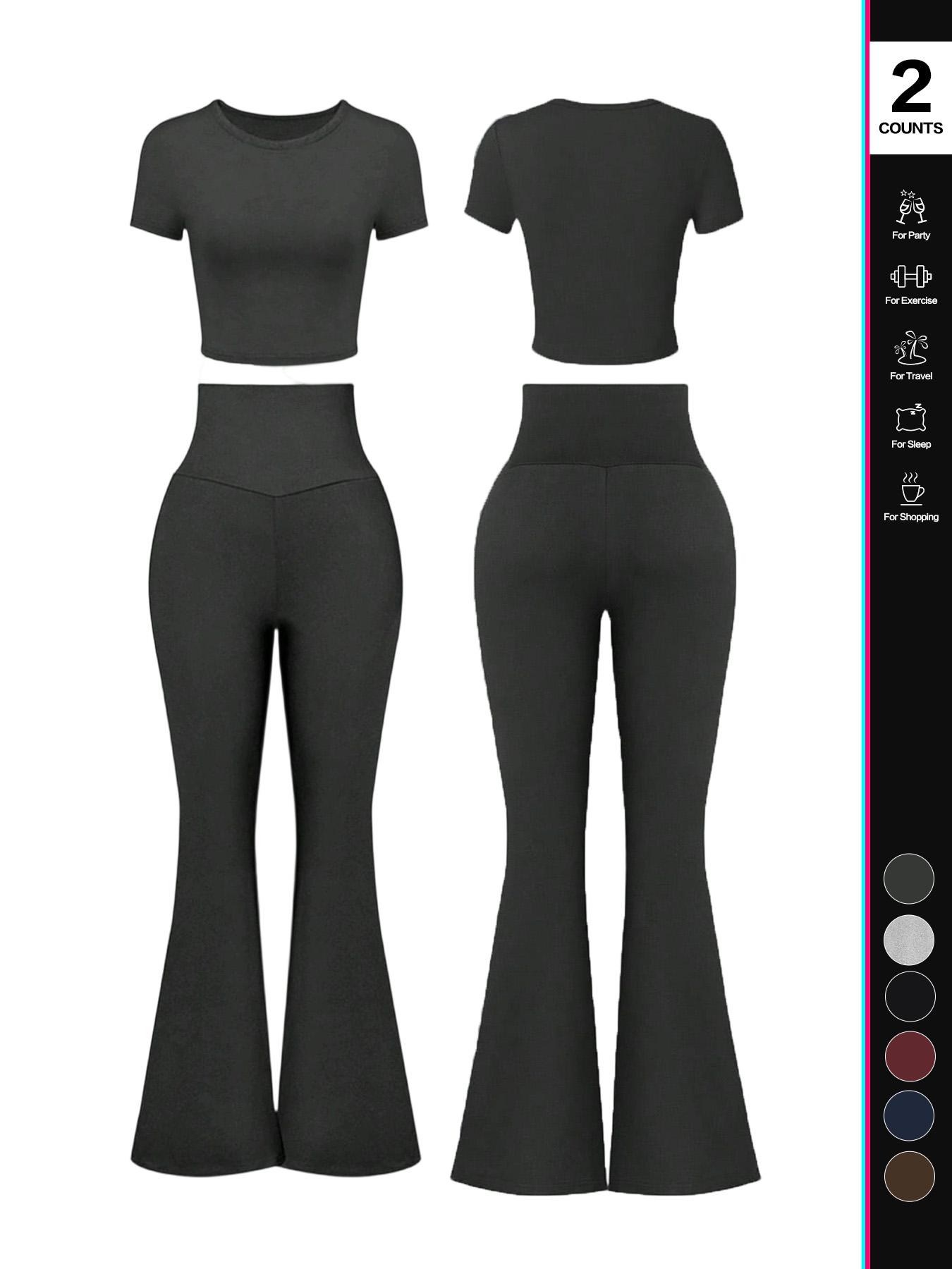 Women's Solid Loungewear Set, Casual Short Sleeve Crop Top & High Waist Flare Leg Pants, Ladies Sleepwear for All Seasons, Pajama Set