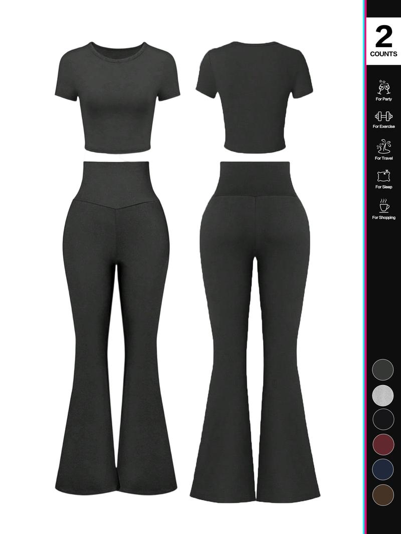 Women's Solid Loungewear Set, Casual Short Sleeve Crop Top & High Waist Flare Leg Pants, Ladies Sleepwear for All Seasons, Pajama Set