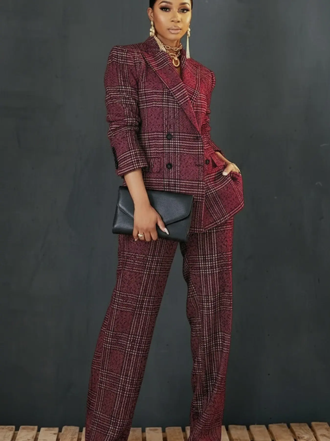 Women's Plaid Blazer Jacket & High-Waisted Straight Leg Pants Set, Vintage Style, Loose Fit, Business Casual, Formal Evening Wear