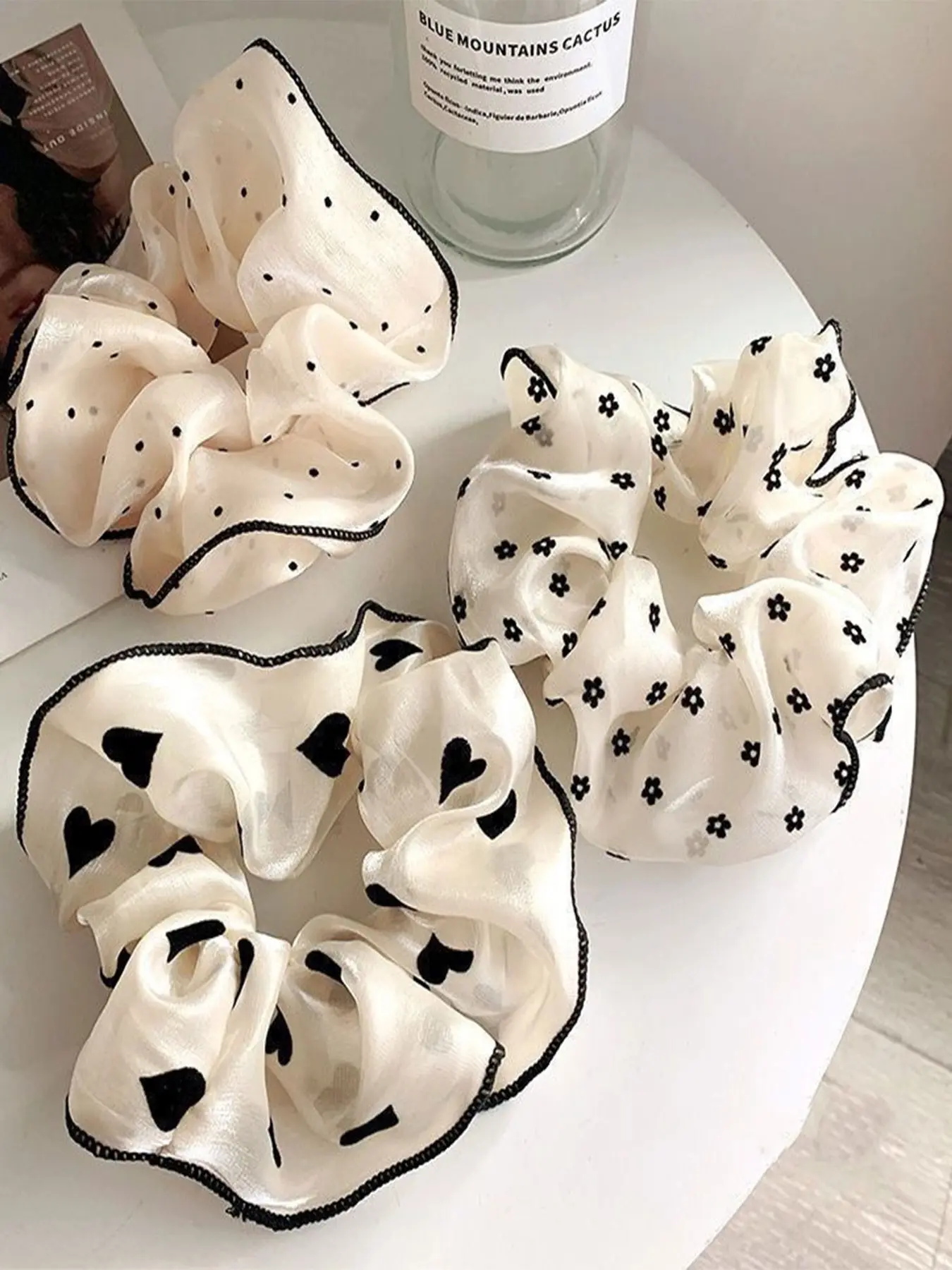 Women's Polka Dot & Flower Print Hair Scrunchies, Elastic Hair Accessory, 3pcs/set Ponytail Holders, Elastic Band Scrunchies, Fashionable Hair Accessories, Scrunchies For Hair