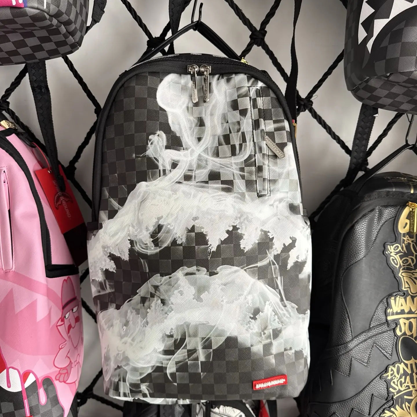 SPRAYGROUND SG Black White Checkerboard Smoke Shark Mouth Unisex Backpack - Functional Couple-Style Luggage Bag