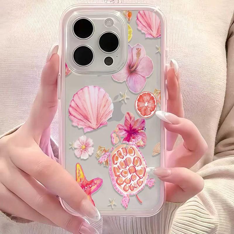 Turtle Shell Flower Pattern Phone Case, Anti-Drop Soft Tpu Cover for iPhone 11-16 Pro Max, Stylish Protective Case