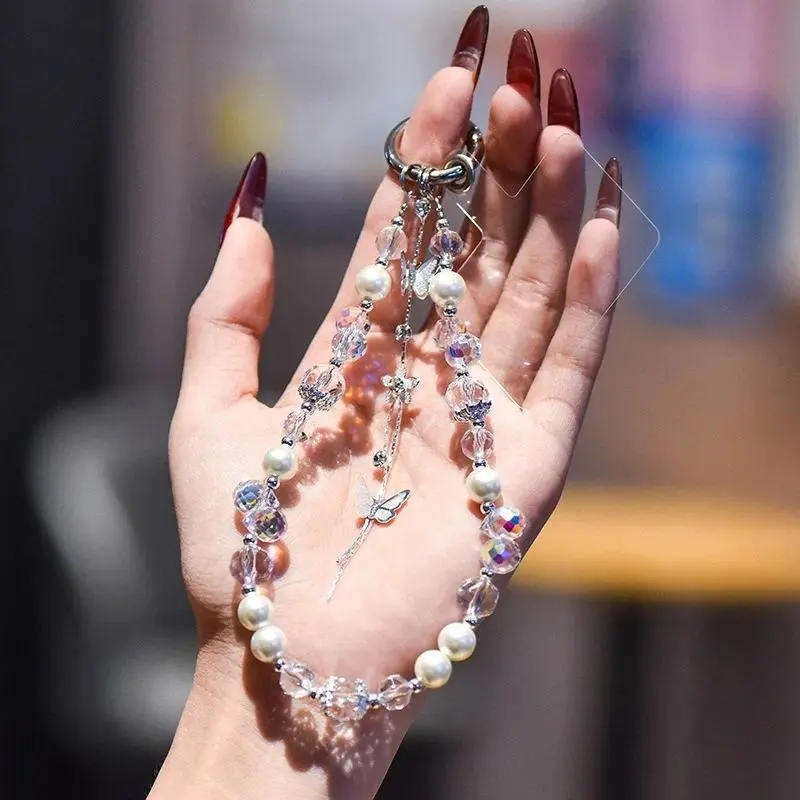 For Cell Phone Short Crystal Lanyard Strap Pearl Pendant Handmade Beads Chain Anti-Lost Hand Rope Fashion Light Luxury Ornament