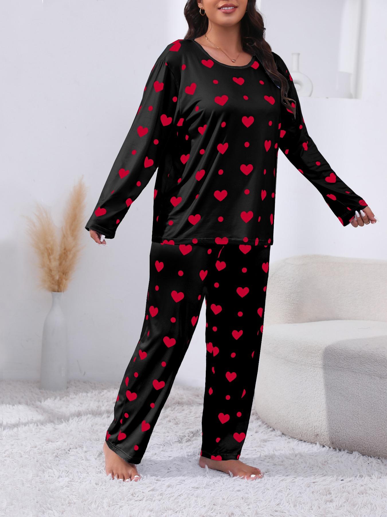Plus Size Heart Print Drop Shoulder Pyjama Set, Casual Comfy Long Sleeve Round Neck Top & Trousers PJ Set, Pajamas, Summer Outfits 2024, Women's Sleepwear for Spring & Fall