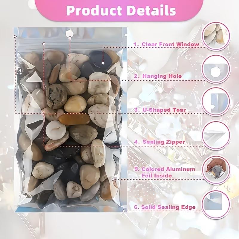 20pcs Re-Sealable Odor-Proof Bags, Holographic Aluminum Foil Food Candy Jewelry Screw Flat Zip Lock Bag, Resealable Zipper Bags, Durable Storage Solution