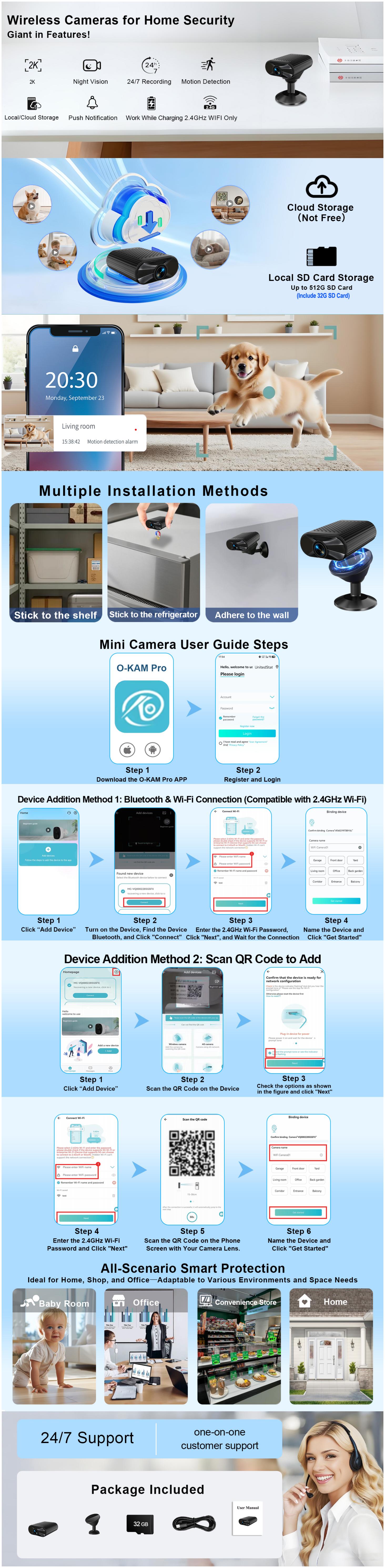 Mini WIFI Surveillance Camera (Strong Magnet): 4K HD, Night Vision, 1.5h Battery/USB Power, 32G Card, iOS/Android APP smart ai motion detection