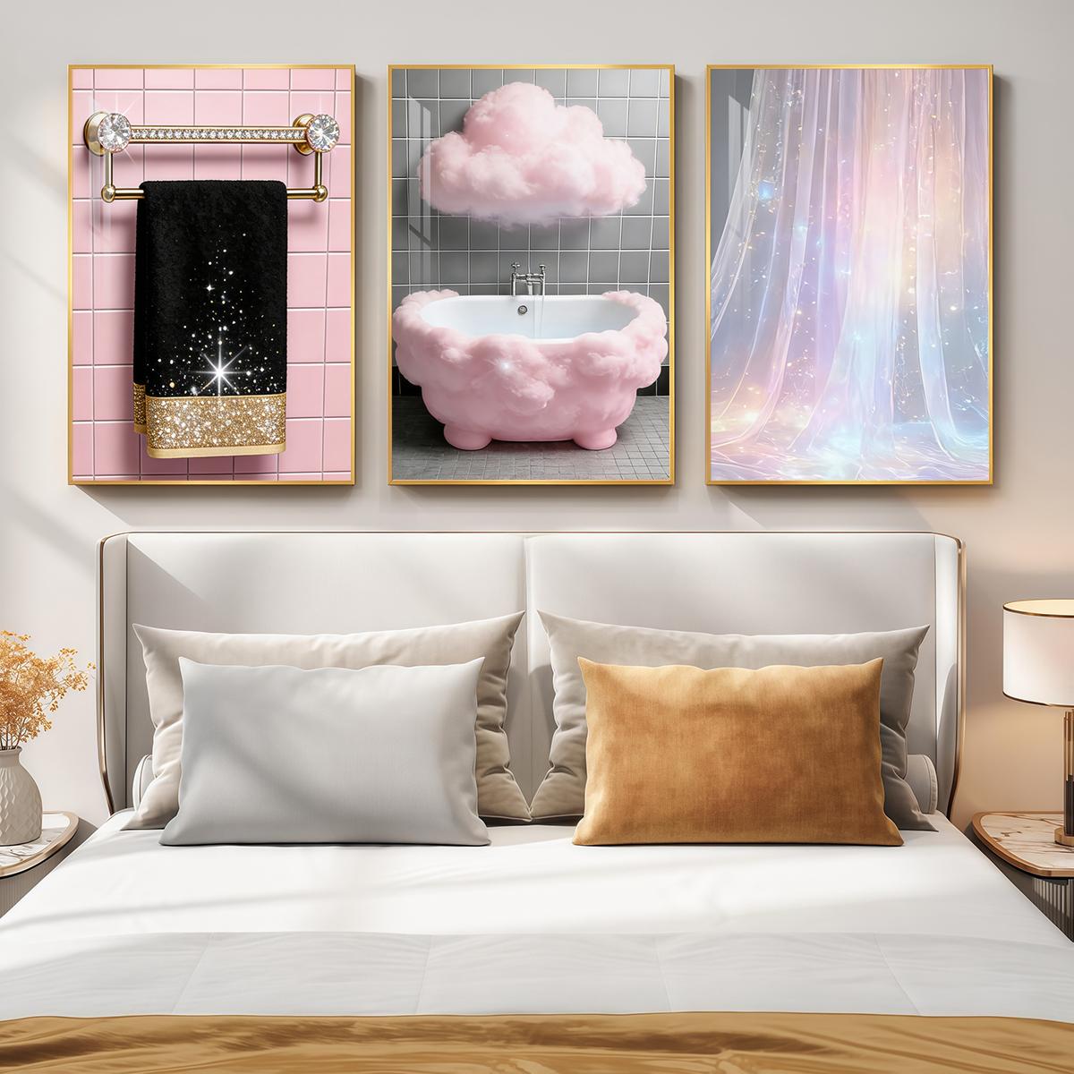 3 Counts Aluminum Alloy Framed Painting, Sparkling Bathroom Luxury Cloud And Curtain Art Pictures, Home Decoration For Living Room, Bedroom, Office, Restaurant, Hallway Wall Decor, Odorless Print Artwork, Luxury Perfect Gift For Friends And Family