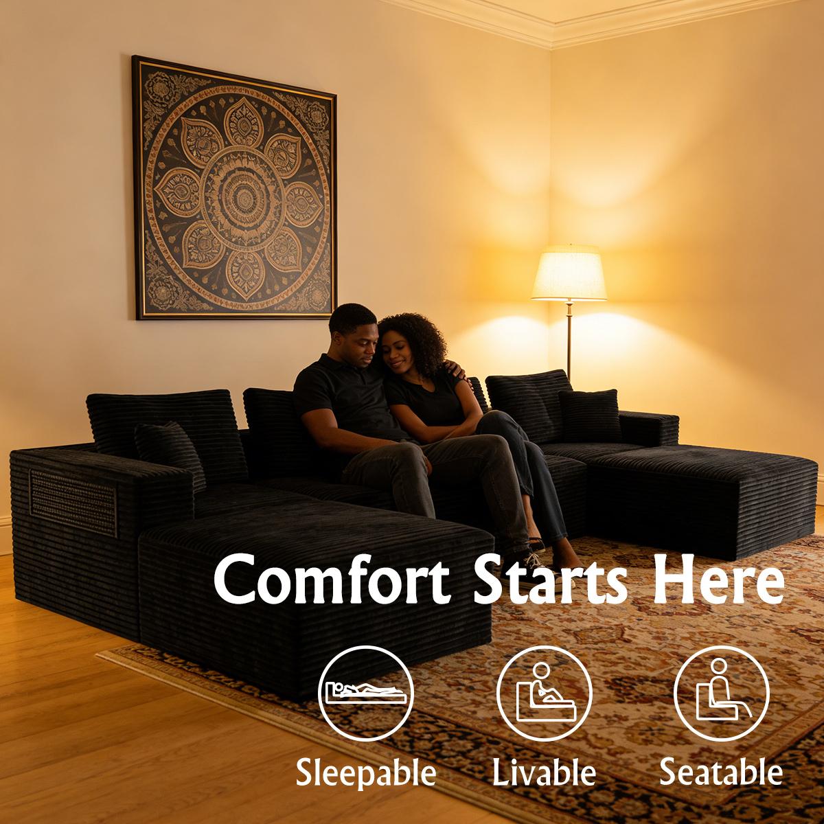 141.73"x70.87'' Boneless Couch Modular Sectional Sofa ，Oversized Cloud Couch Sectional with Deep Seats, Free Combination，Wide-Strip Corduroy Fabric, Compressed No-Assembly Couches for Living Room