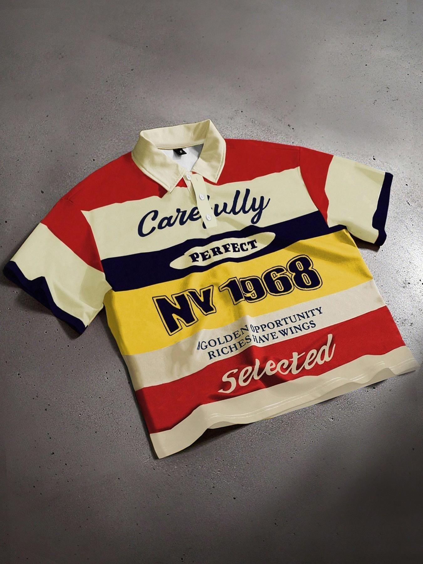 American Vintage College Style Ny1968 Striped All Over Print Polo Shirt, Colorblock Short Sleeve, Loose Fit Unisex Top, Casual Fashion Apparel, Menswear