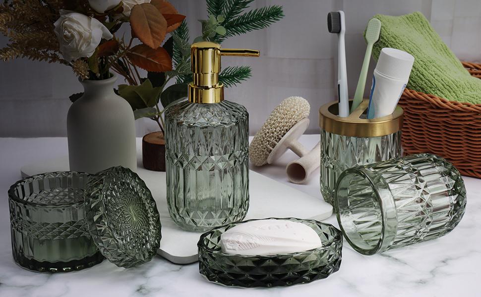 5-Pcs Green Glass Bath Accessory Kit - Vanity Countertop Organizer with Hand Soap Dispenser, Soap Dish, Toothbrush Holder, Modern Bathroom Decor, Housewarming Gift Set