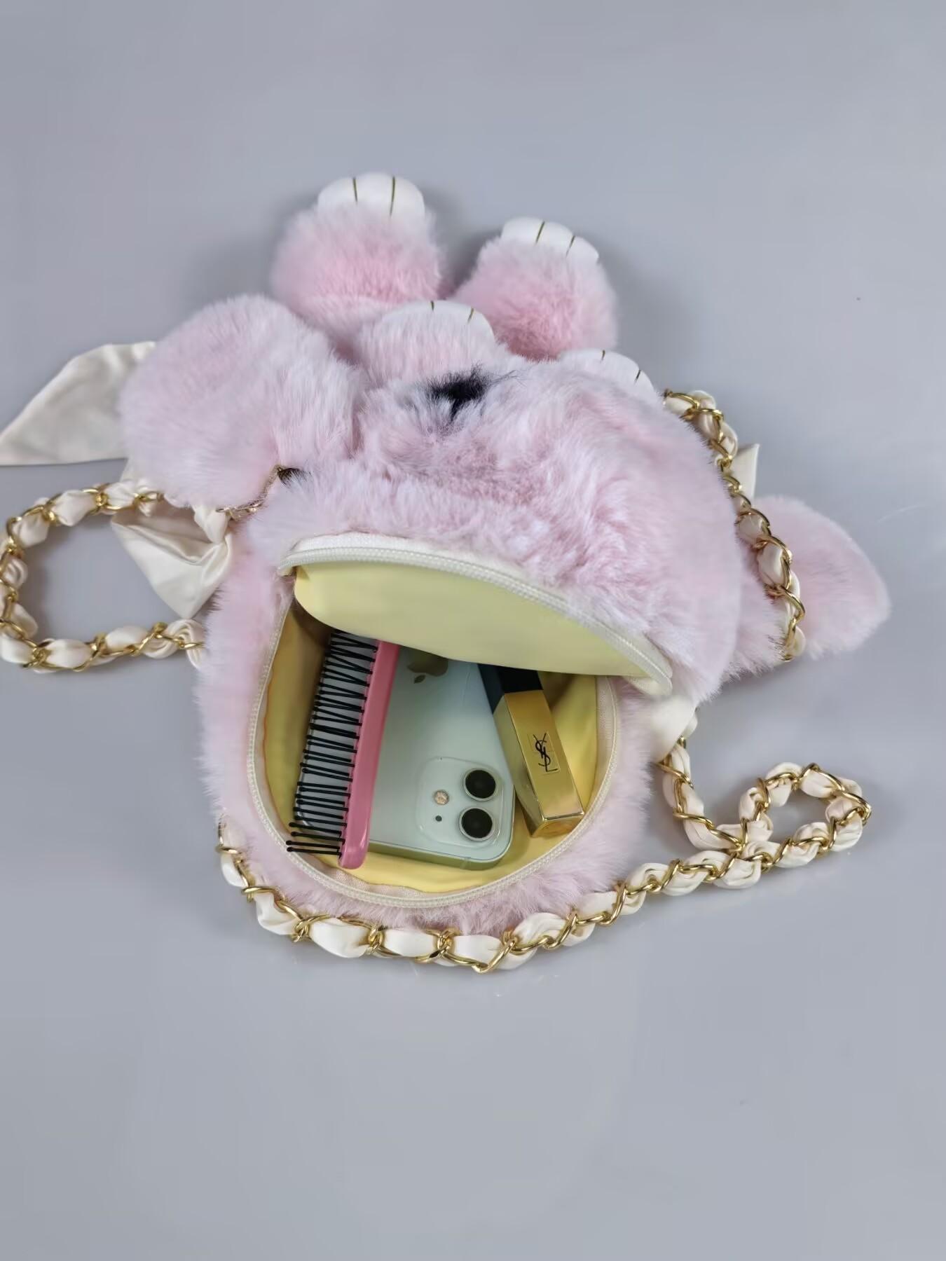 Original Handmade Rope Chain Ears Rabbit Plush Crossbody Bag, Cute Animal Pattern, All Seasons, Single Shoulder Bag, Rhombus Chain Design