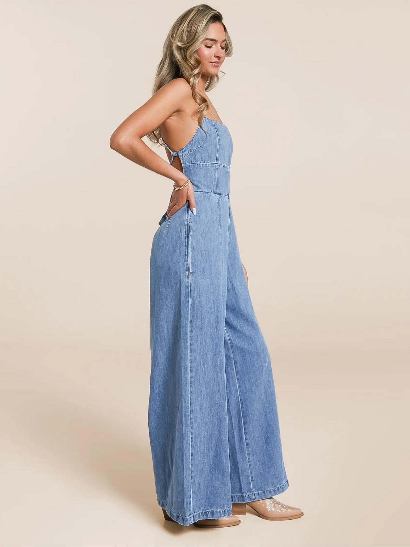 Women's   Tie Back   Denim Jumpsuit, Casual Fashion Wide Leg Jumpsuit for Daily Wear, Ladies Clothes for All Seasons