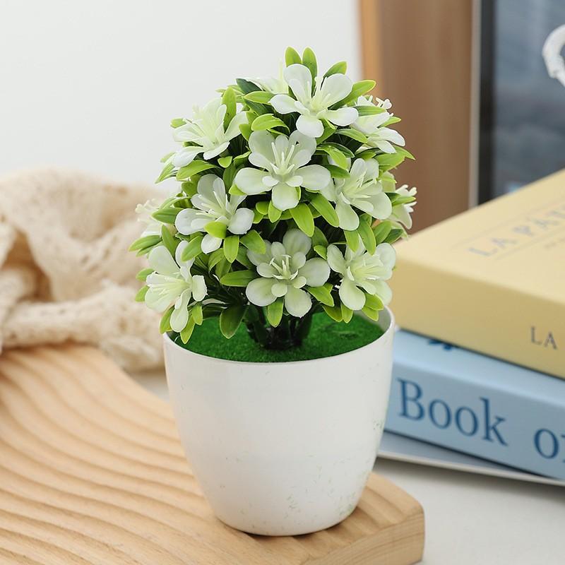 Decorative Ornament Artificial Flower Potted Plant Indoor Home Table Decor, Five-Leaf Plum Blossom Plastic Flower Plant