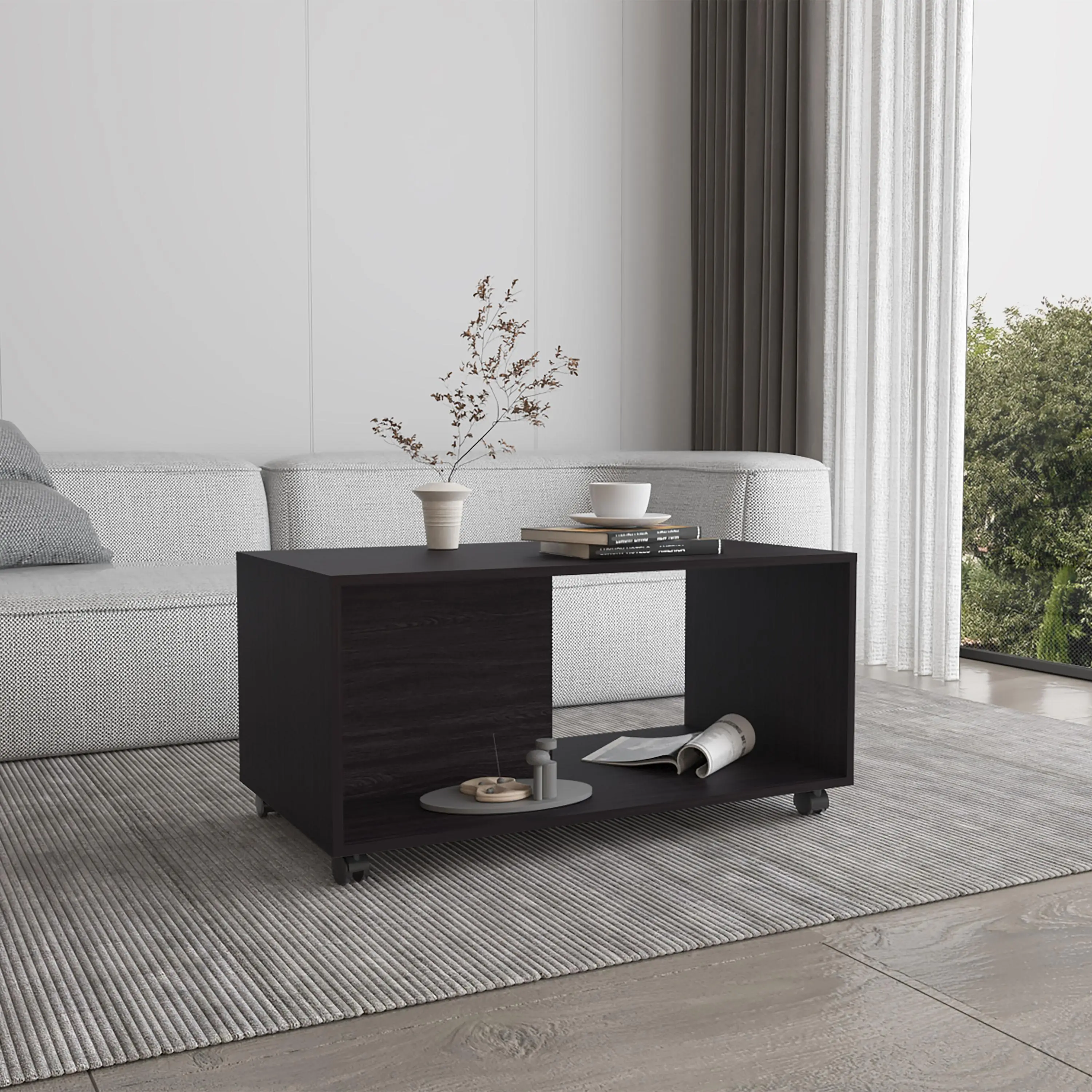 Black Rolling Coffee Table with Storage Shelf and 4 Wheels, Engineered Wood Mobile Living Room Table for Small to Medium Spaces, 17.8 x 19.8 x 17.8 Inches