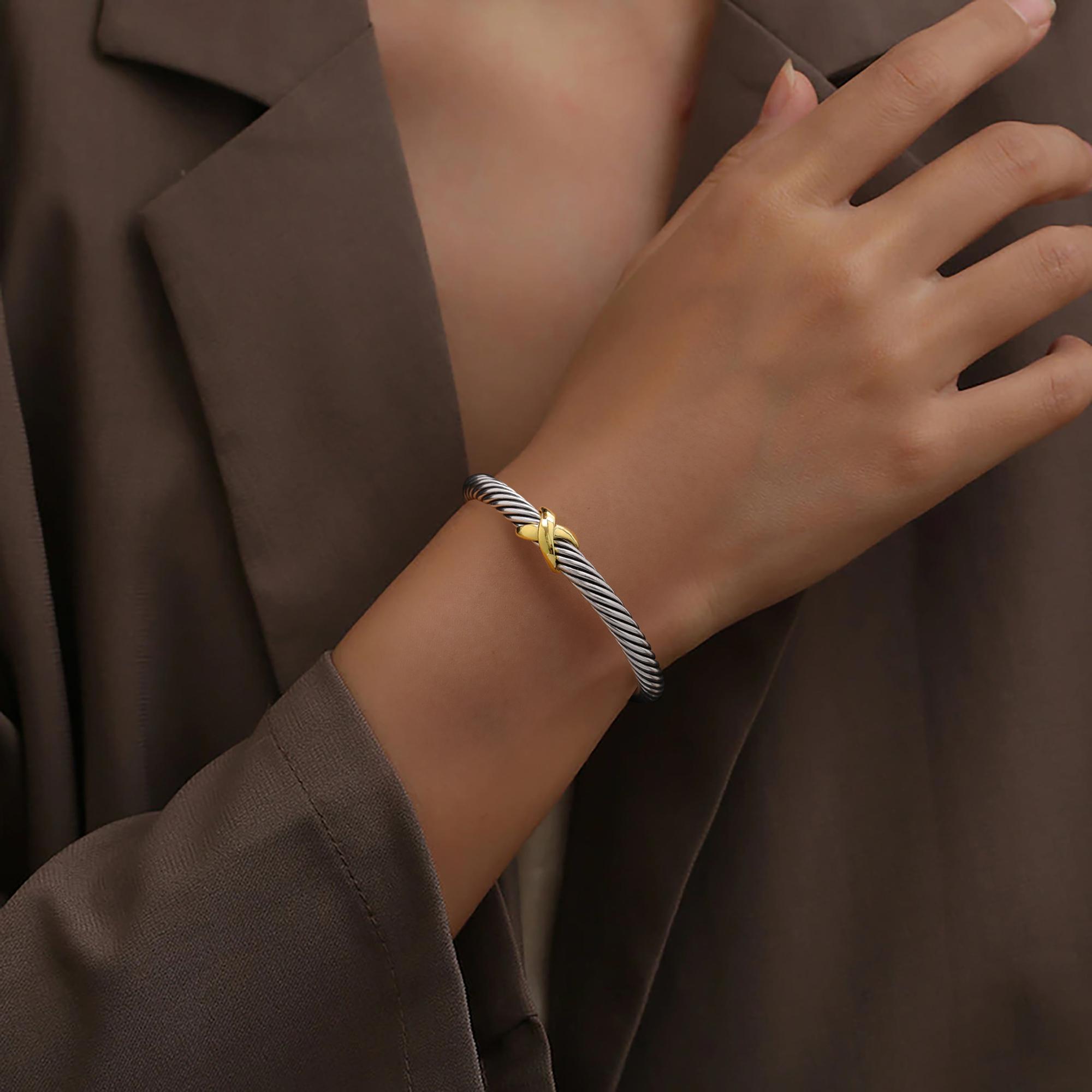 MYTYS Cuff Bracelet for Women Two Tone Knots Twisted Bangle Jewelry Set Fashion Modern Jewellery Trendy Fashionable Accessories with Gold Cross Charm
