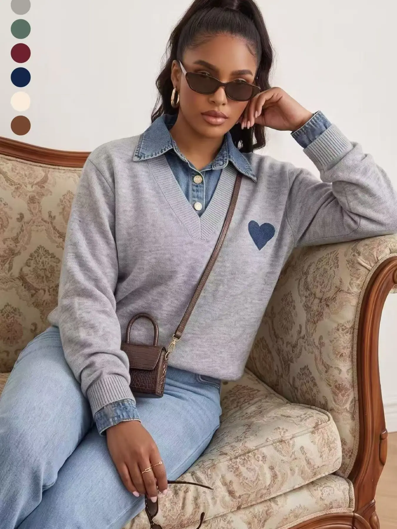 Vintage Two-Piece Patchwork Knit Top for Women, Denim Collar Heart Applique V-Neck Loose-Fit Pullover, Long Sleeve Fall Winter Sweater Knitwear Pullover
