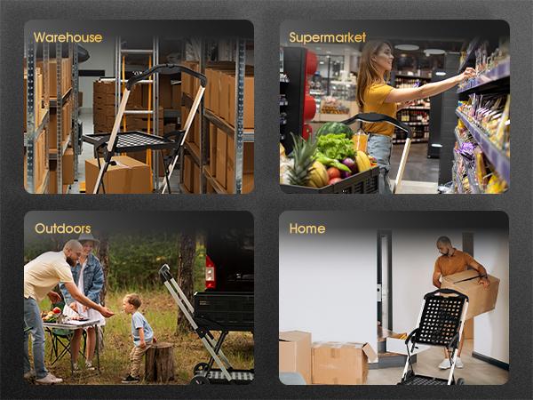 TOOLIOM Heavy-Duty Collapsible Utility Cart, 198Lbs Capacity Folding Trolley with 2 Removable Baskets, Adjustable Aluminum Frame & Quiet Rubber Wheels for Grocery Shopping, Office, Camping and Home