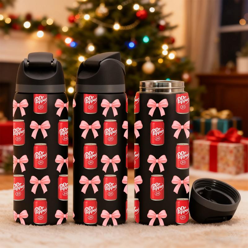 AuraCup 1pc 19/24/32oz Insulated Tumbler with Lid and Straw, Cute Dr Pepper Can and Pink Bow Pattern, Double Wall Leakproof Stainless Steel Water Bottle for Hot & Cold Drinks, TikTok Trending Aesthetic Cup, Perfect Gift for Girls, Teens, Friends, Daughter