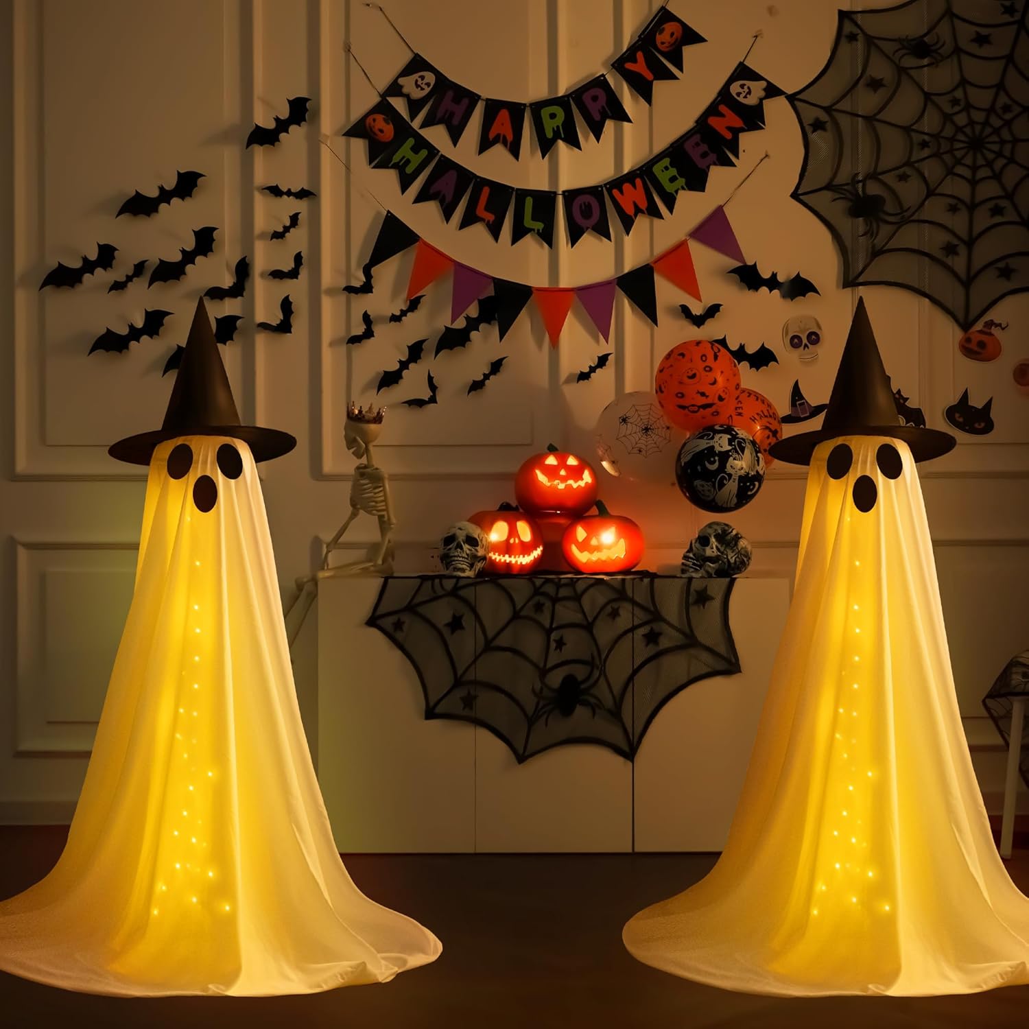 2 Pack Halloween Spooky Ghost String Lights with Remote Control, Battery Operated Indoor Outdoor Decorations, Perfect for Garden Patio Parties, Atmosphere