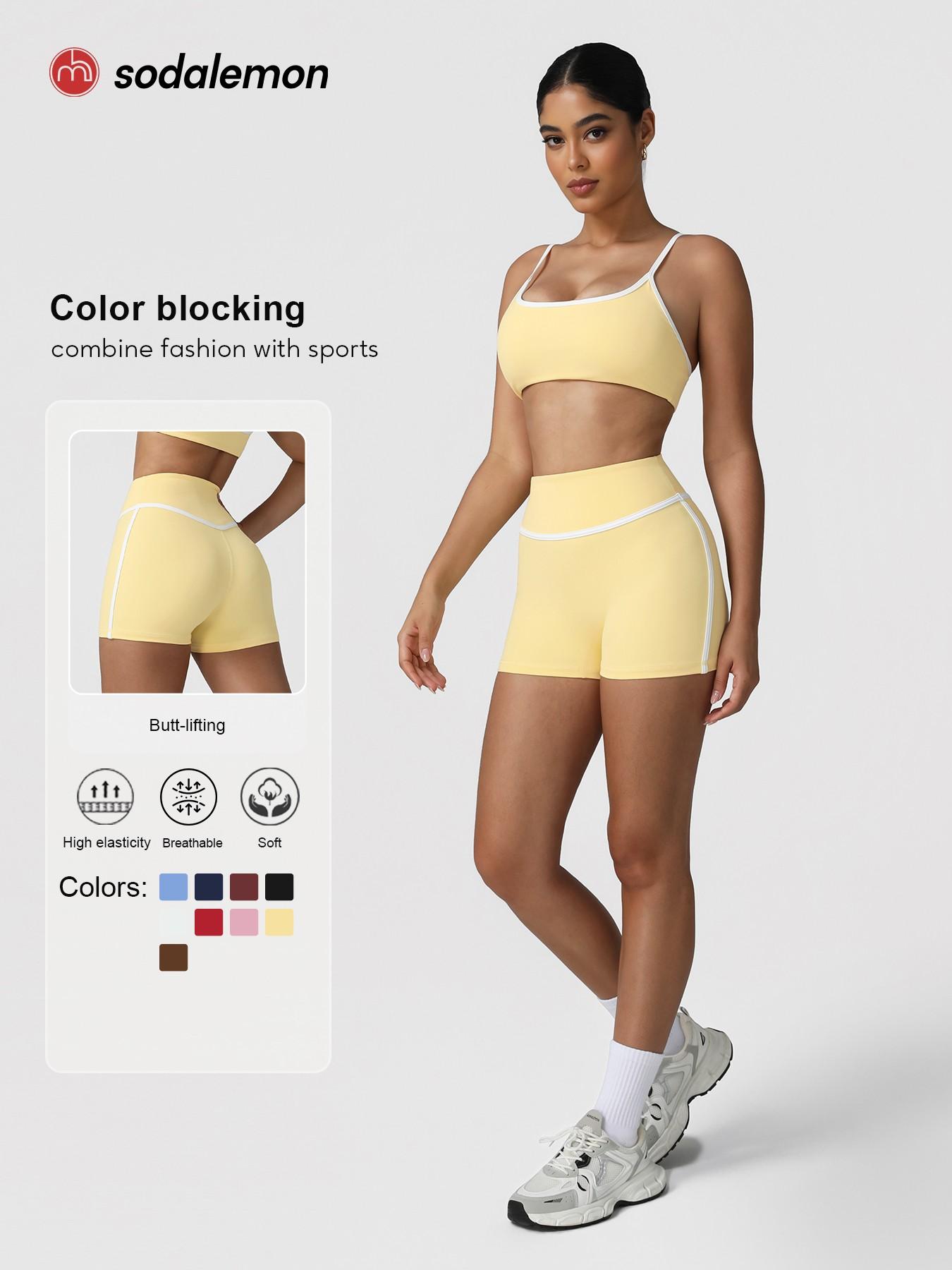 Sodalemon Women's Contrast Binding Crop Sports Bra & High Waist Shorts Sportswear Set, Breathable Comfortable Outfits Gym Sets for Yoga Gym Workout Running, Ladies Sportswear for All Seasons, Yoga Clothes Set