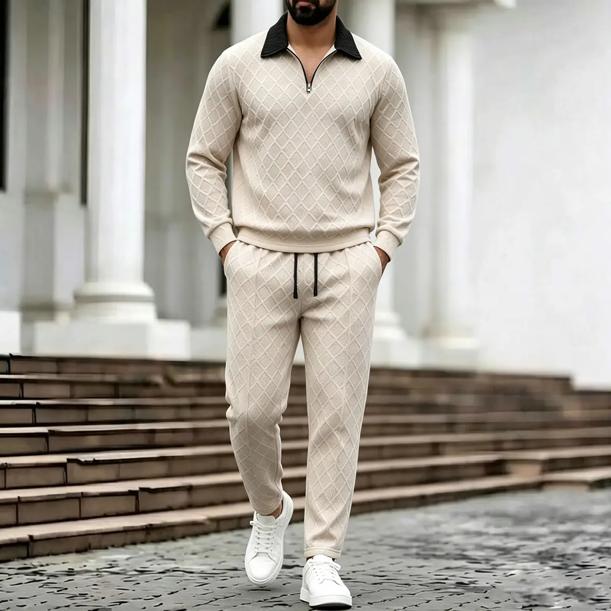 Three Dimensional Rhombus Hollow Jacquard Beige Men Two Piece Set Contrast Black Lapel Half Zip Long Sleeve Top Drawstring Straight Ankle Pants Gentle Casual Matching Tracksuit Breathable Co Ord Outfit For Dating Walking Weekend Outdoor All Season Male Su