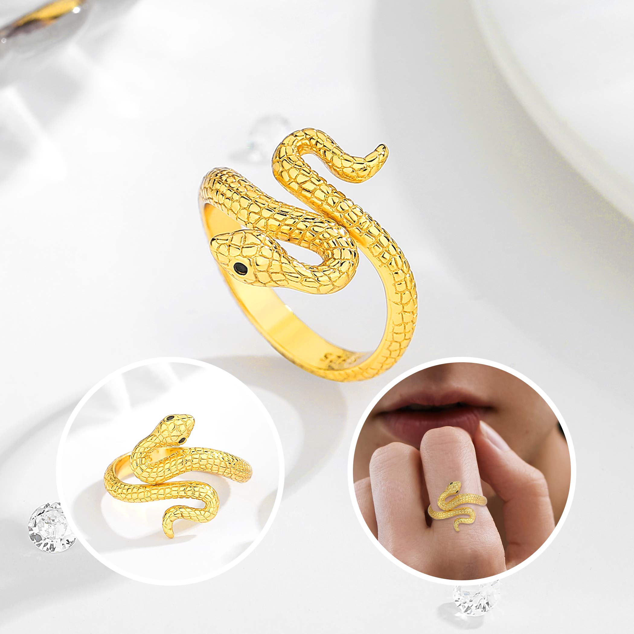 S925 Sterling Silver Snake Jewelry Set, Adjustable Gold Ring & Snake Hoop Earrings for Women, Perfect Gift for Anniversaries and Engagements