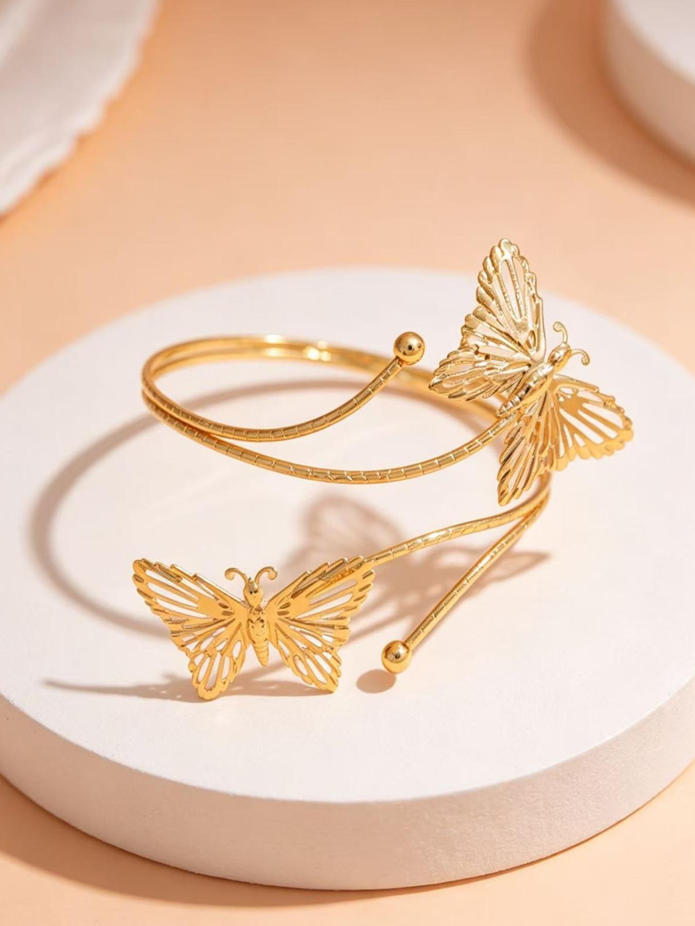 Gold Plated Butterfly Open Cuff Arm Bracelet, Adjustable Double Layer Armlet for Women, Elegant Hollow Out Butterfly Arm Jewelry for Summer Beach & Daily Wear