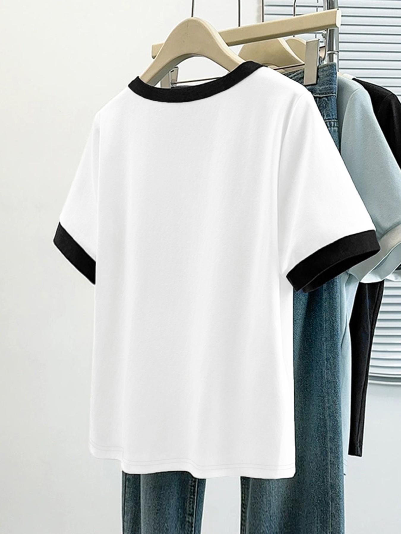 Women's Colorblock Contrast Binding Short Sleeve Top, Loose Fit Casual Baseball Style Tee for All Seasons, Daily Commute & Shopping