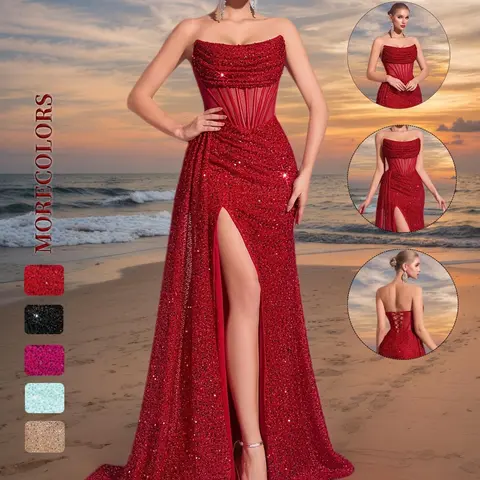 Elegant Women's Sequined Evening Gown, Maxi Long Sleeve A-Line Dress, Sparkling Formal Wear, Perfect for Parties & Weddings