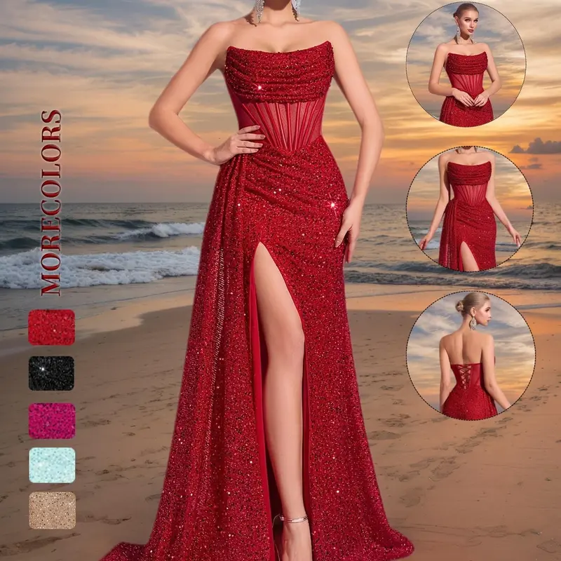 Elegant Women's Sequined Evening Gown, Maxi Long Sleeve A-Line Dress, Sparkling Formal Wear, Perfect for Parties & Weddings