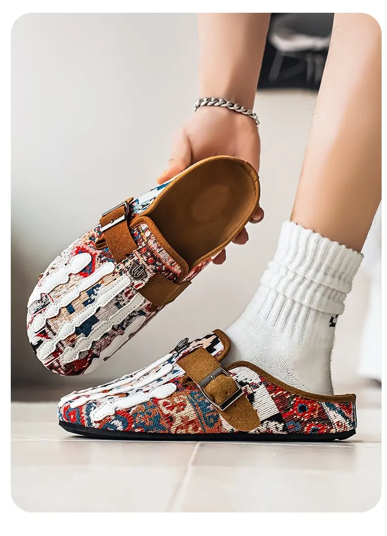 Men's Bohemian Print Mules, Mule Slides, Comfortable Slip-On Sandals, Adjustable Buckle, Soft Insole, Ideal for Daily Wear, Casual Footwear