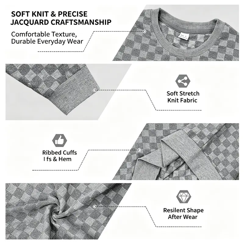 4-Pack Men's Plaid Knit Sweatshirts, Textured Grid Pattern Long Sleeve, Soft Lightweight Casual Top, Ideal for Fall Winter Streetwear 4-Pack Men's Plaid Knit Sweatshirts, Textured Grid Pattern Long Sleeve, Soft Lightweight Casual Top, Ideal for Fall Winter Streetwear