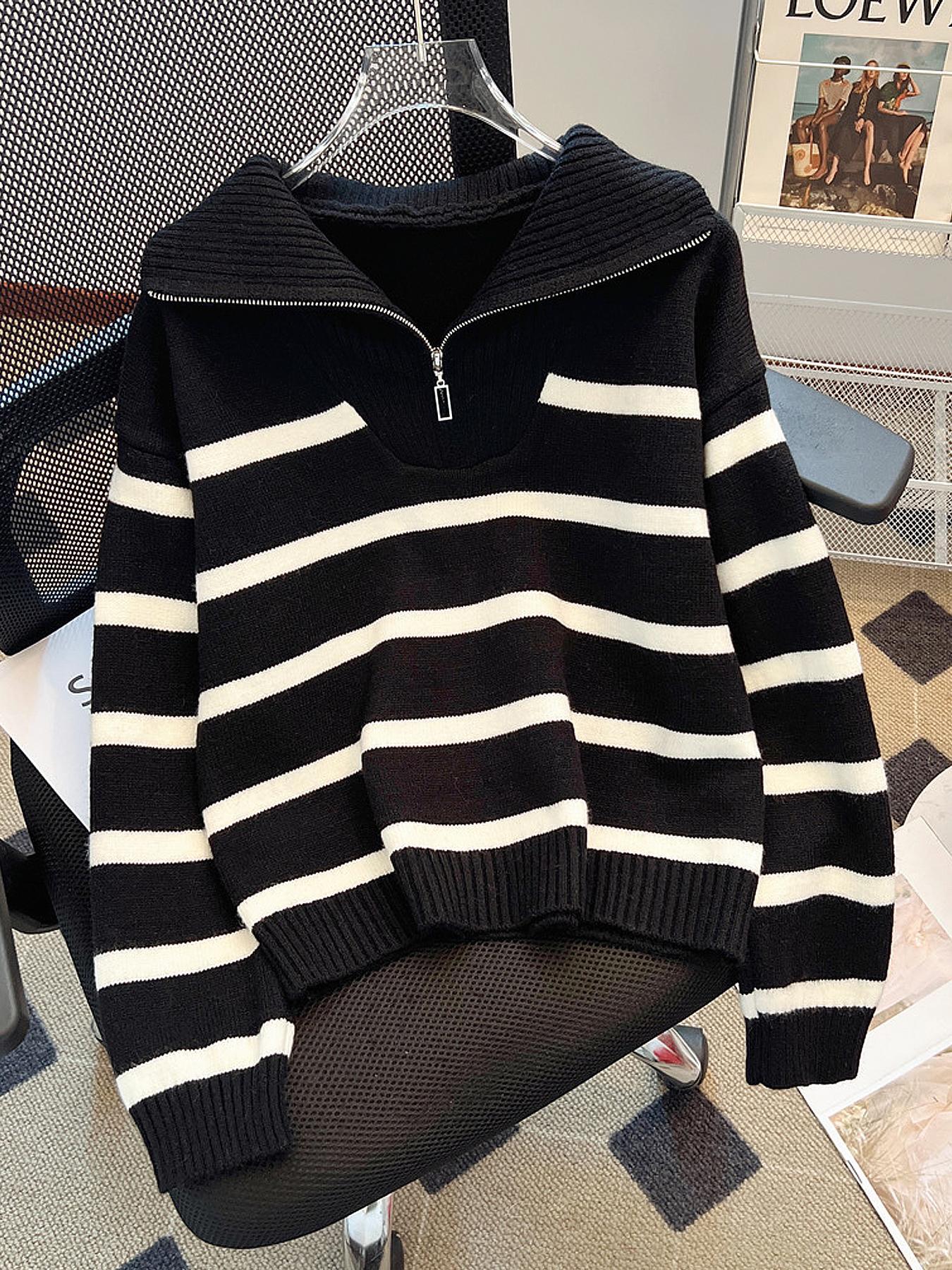 Women's Striped Print Zipper Drop Shoulder Sweater, Casual Long Sleeve Collared Jumper for Daily Outdoor Wear, Women Knitwear Top for Fall & Winter, National Day Clothing