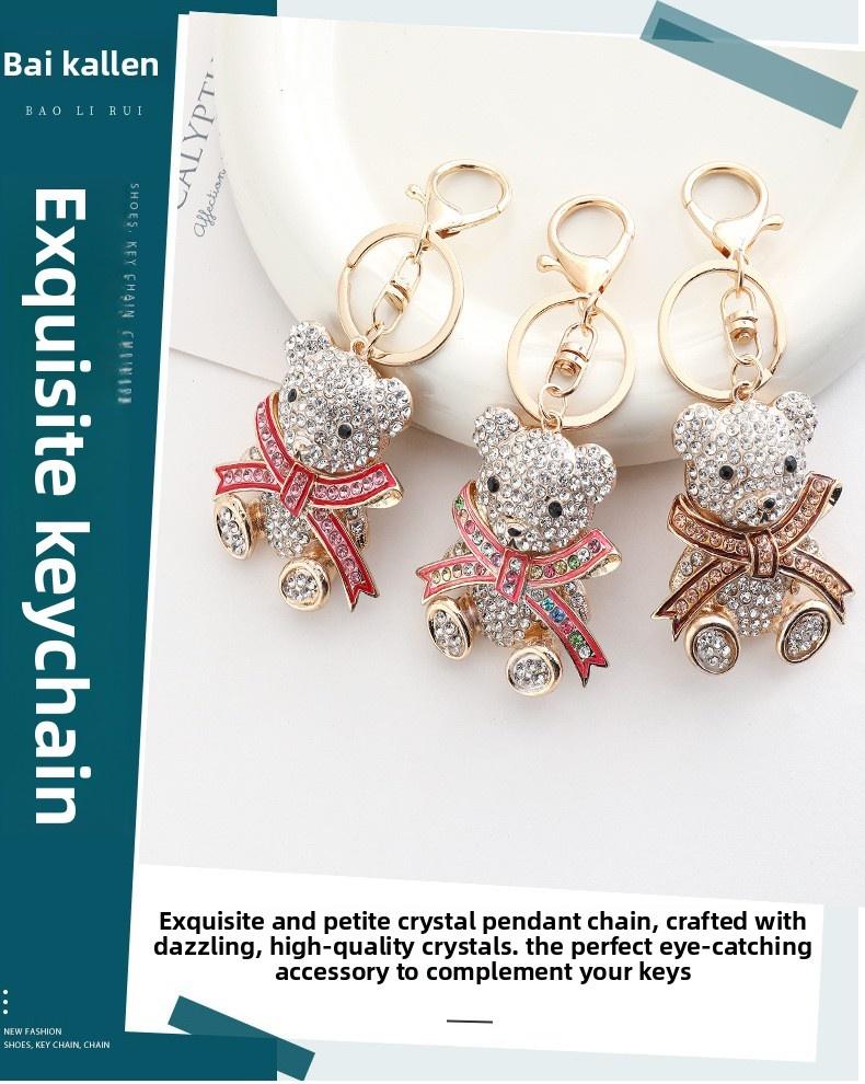 Bling Rhinestone Teddy Bear Car Mirror Hanging Ornament, Luxury Crystal Bowknot Animal Vehicle Charm, Aesthetic Coquette Girly Auto Interior Decoration, Fully Encrusted Bear Keyring Pendant Hanger Gift