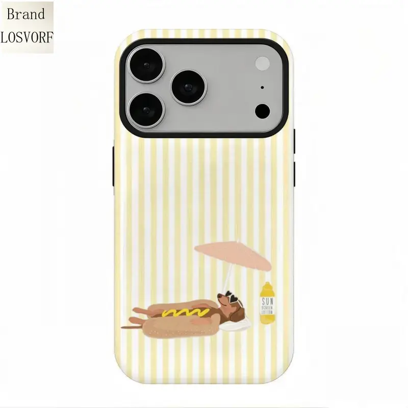 Pastel Yellow Striped Dachshund Hot Dog Beach MagSafe Phone Case, Coquette Cottagecore Kawaii Summer Cute Puppy Aesthetic Shockproof Cover for iPhone 17 Pro Max 16 15 14 13 12 11 & Samsung S26 S25 S24 S23 S22 S21, Pet Lover Gift