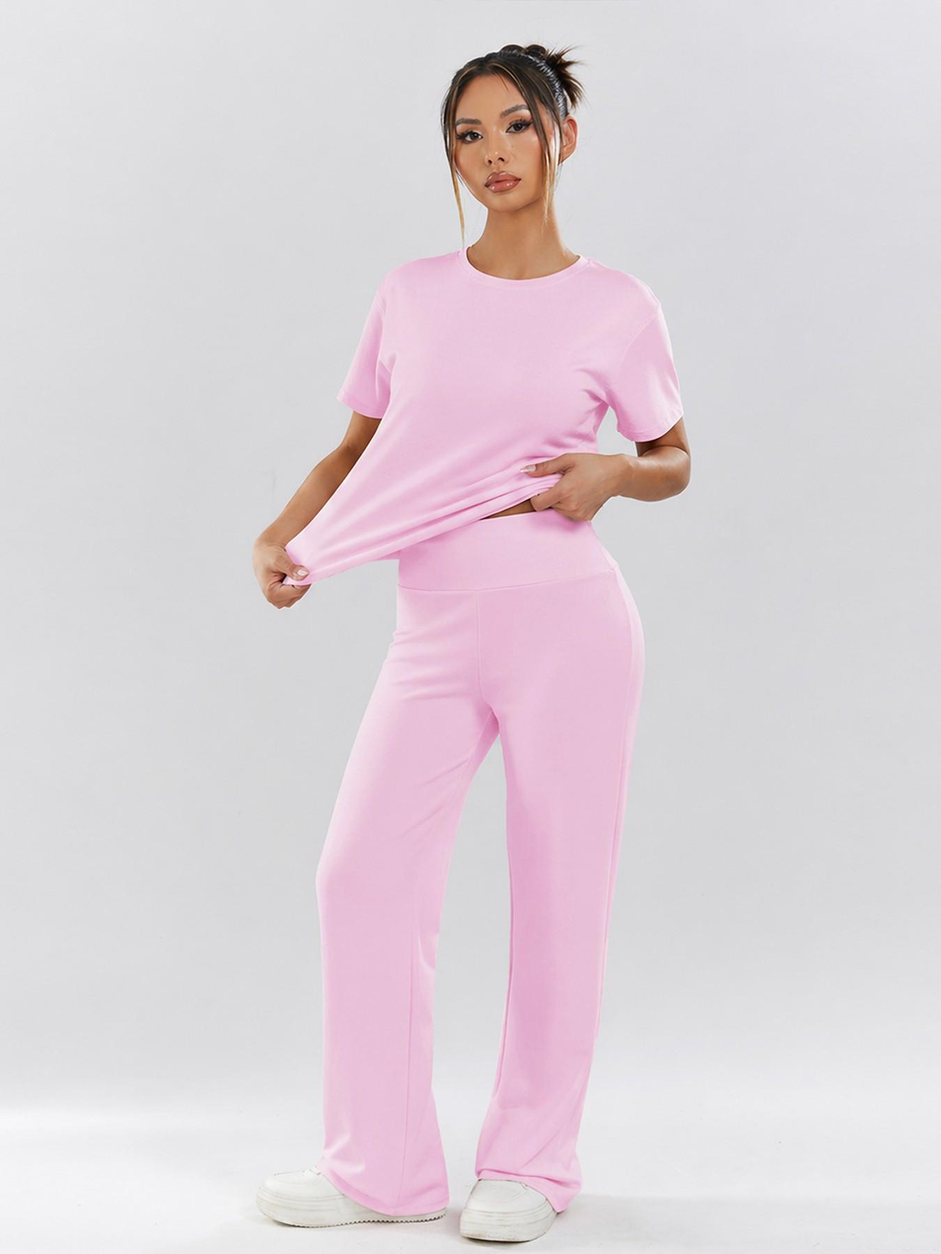 Women's Two-Piece Set, Loose-Fit Short Sleeve Top & High Waist Wide-Leg Pants, Breathable Fabric, Ideal for Yoga, Gym & Running, Athleisure Gym Clothes, Casual Activewear Set, Loose Casual Athleisure