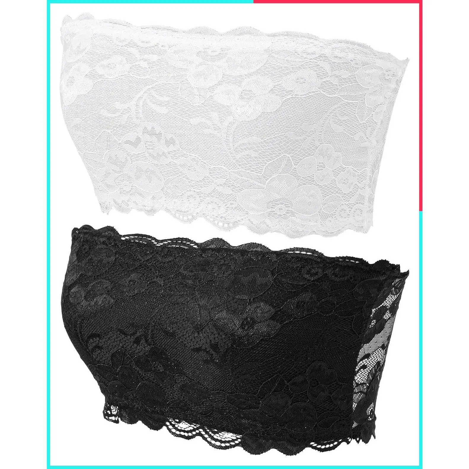 2 Pcs Lace Tube Top Bra, Strapless Lace Bandeau Bralette, Cleavage Cover Up for Low Neckline, Modesty Panel for Women A/B Cup, White, Black