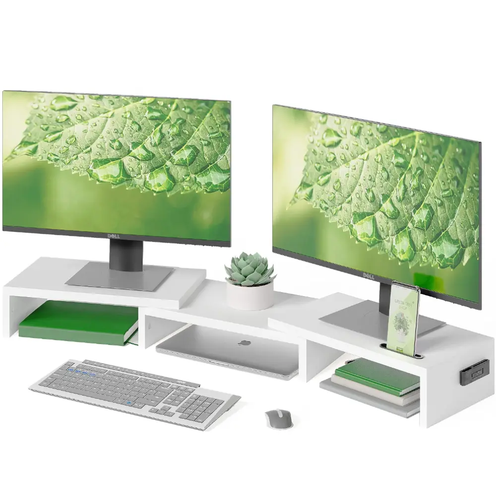 BONTEC Dual Monitor Stand Riser, Adjustable Length & Swivel Angle, Desk Ergonomic Wooden Organizer with Smartphone Holder, Computer Monitor Stand for PC, Laptop,Printer and Large Storage, White
