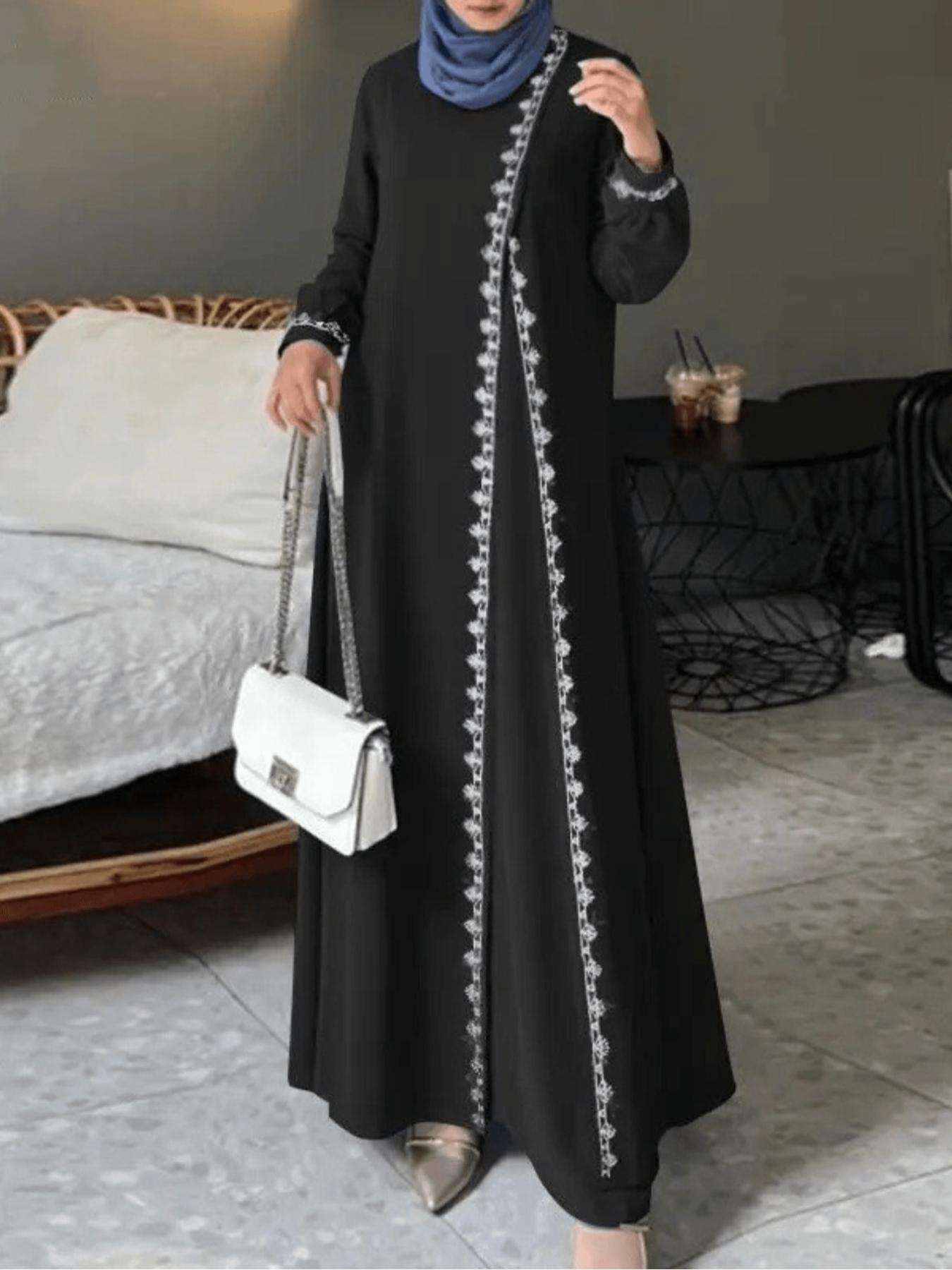 Women's Fashion Long Sleeve Round Neck Solid Color Casual Dress, Long Sleeve Dresses, Elegant Lace Trim Robe Style, Perfect for Daily Wear & Special Occasions, Muslim Outfits