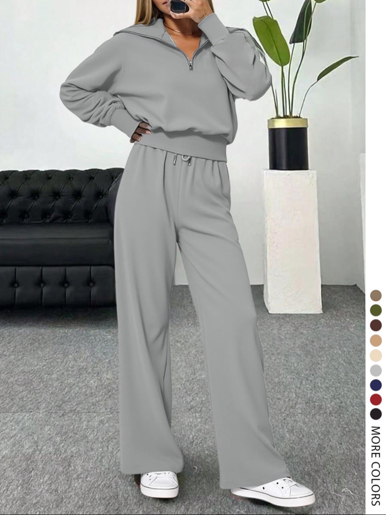 Pure Color Half-Zip Shoulder Pad Sporty Top Long Pants Set, Casual Loose-Fitting Short Upper Long Lower, Perfect for Spring Summer