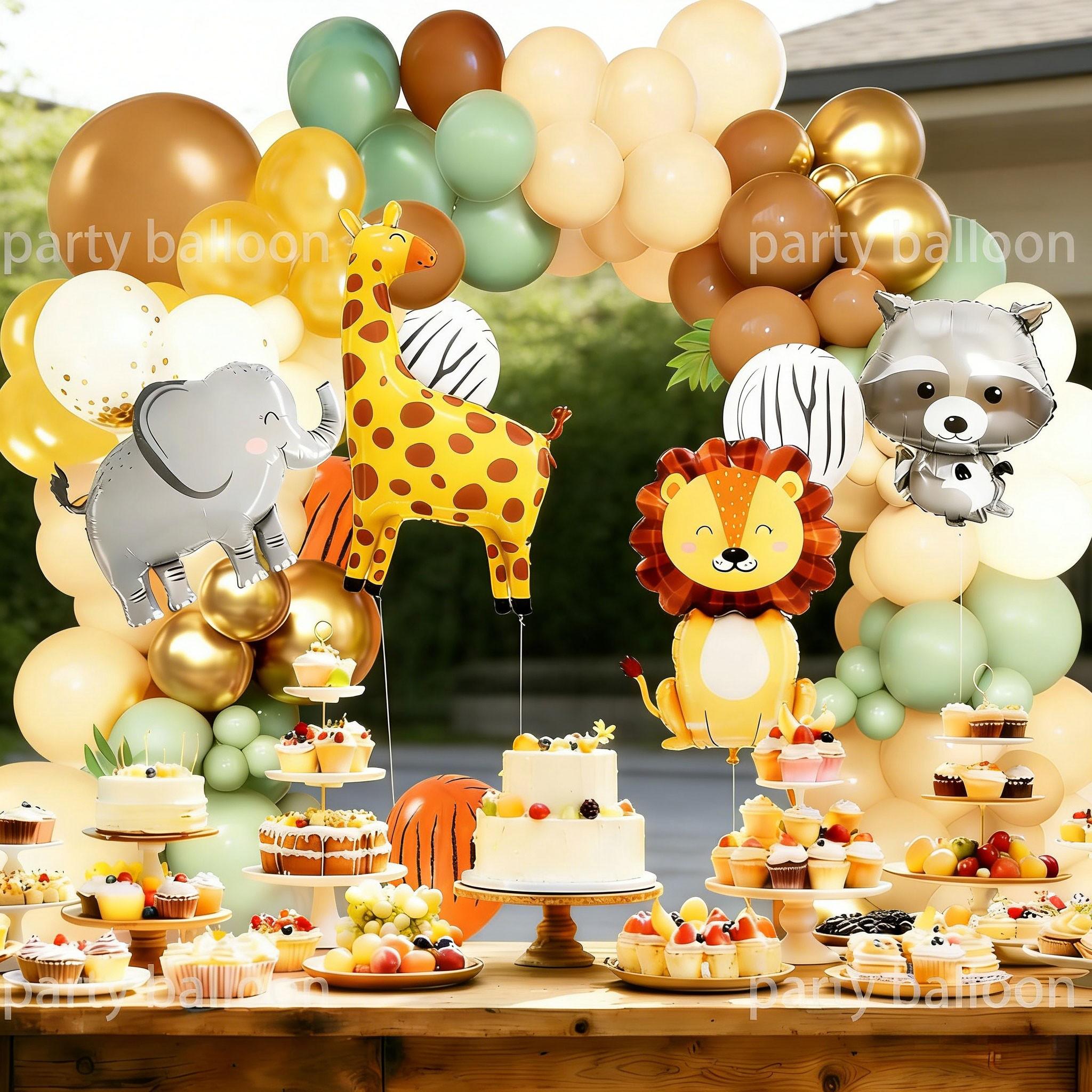 134pcs Tropical Jungle Animal Birthday Party Balloon Decor Set, Giraffe Lion Elephant Balloons, Zebra Pattern Latex Balloons, Outdoor Events
