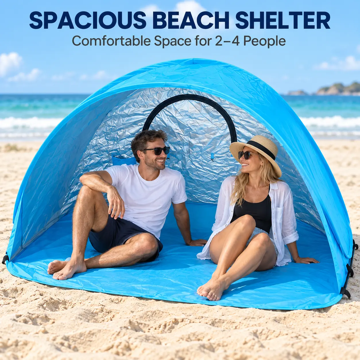 Foldable, instant-setup outdoor tent with portable carry bag; accommodates 1–4 people; features UPF 50+ UV protection (Dimensions: 78.74 x 45.28 x 41.34 inches); suitable for camping, picnics, travel, backpacking, and hiking.