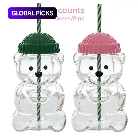 Adorable Bear Straw Glass Cup, 20oz Clear Glass Drinking Bottle With Straw, Portable Clear Drinkware Drink Containers for Coffee, Juice, Milk, Tea, Ideal Gift for Girls, Teens, Parties, Beach Travel, Straw Water Bottle