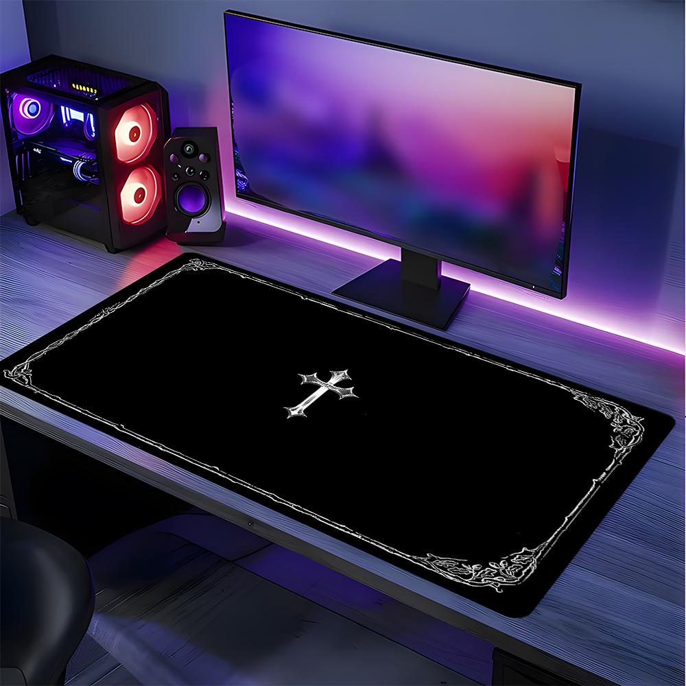 Dark Occult Cross Theme Large Extended Gaming Mouse Pad, Non-Slip Rubber Base Stitched Lock Edge, Intricate Frame Art Desk Mat, Durable PC & Laptop Accessory for Home/Office, Great Gift for Alt Aesthetic Fans, Computer Mouse Pad, Mousepad