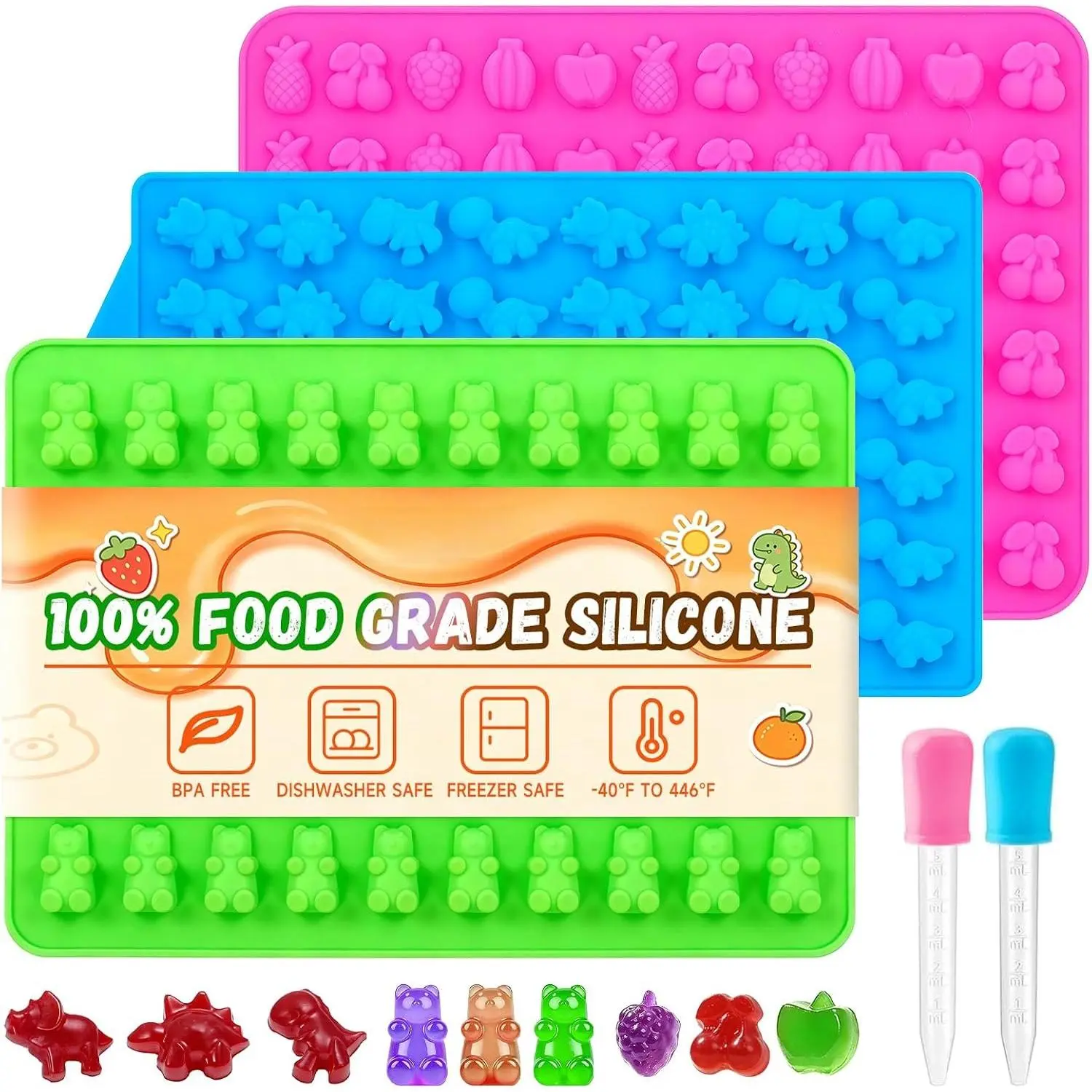 Candy  Molds -  Mini  /Dinosaur/Fruit Snack Molds with 2 count Dropper, Non-stick for Candy  Gummies Baking