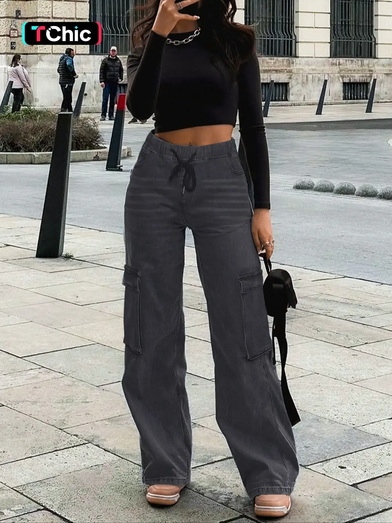 GILIPUR Women's Dark Grey Wash Drawstring Elastic Waist Cargo Side Pockets Wide Leg Jeans, Loose Floor Length Denim Pants, Streetwear Casual Daily Commute Loungewear Outfits for Women TChic