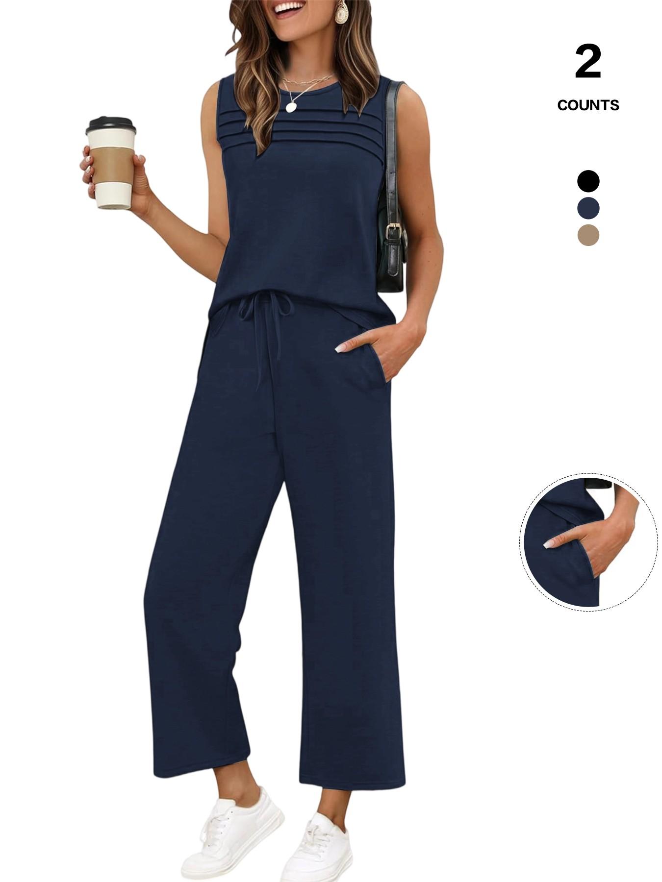 Women's 2 Piece Summer Outfit, Fitted Sleeveless Crewneck Tank Top with Shadow Stripes and High Waist Drawstring Wide Leg Pants with Pockets, Casual Lounge Set