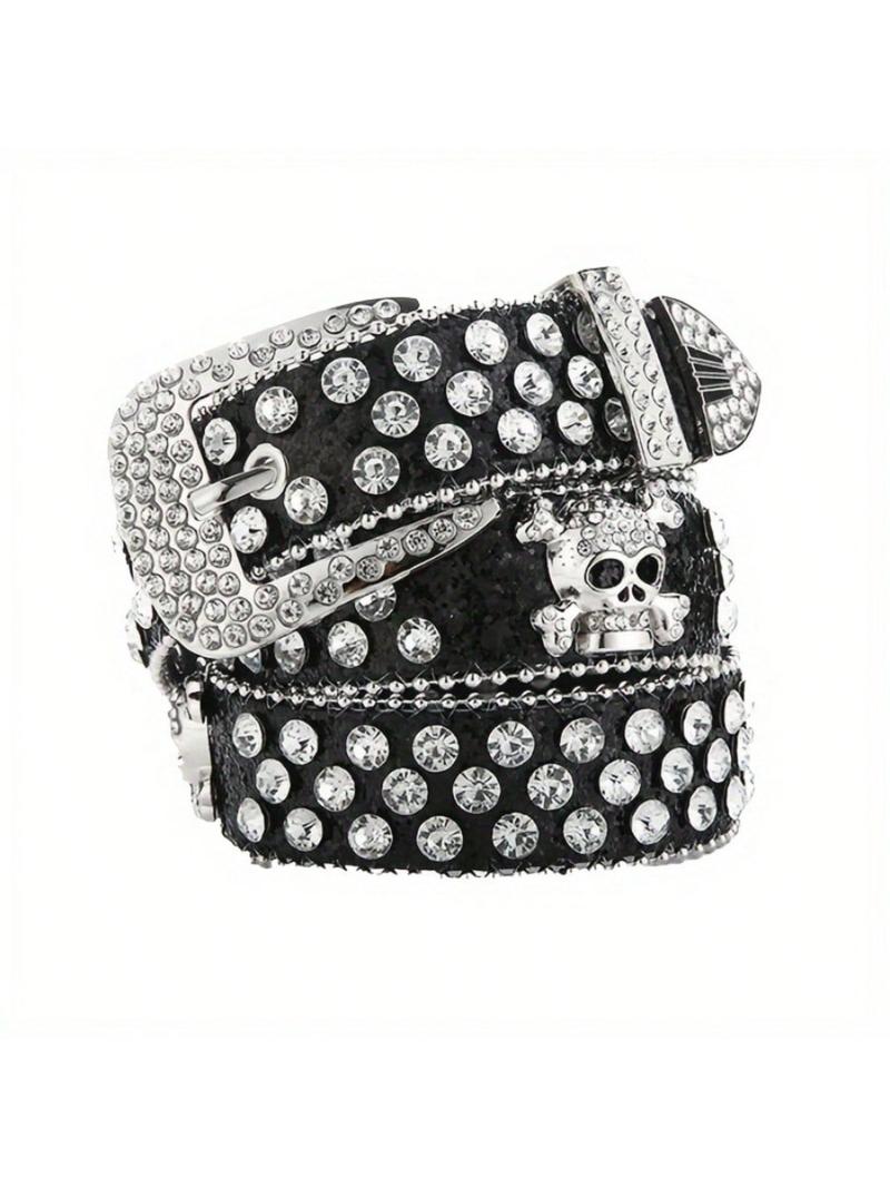 Sparkling Rhinestone Skull Belt, Hip Hop Punk Black Wide Belt, Unisex Rhinestone Rivet Belt, Punk Style Belt