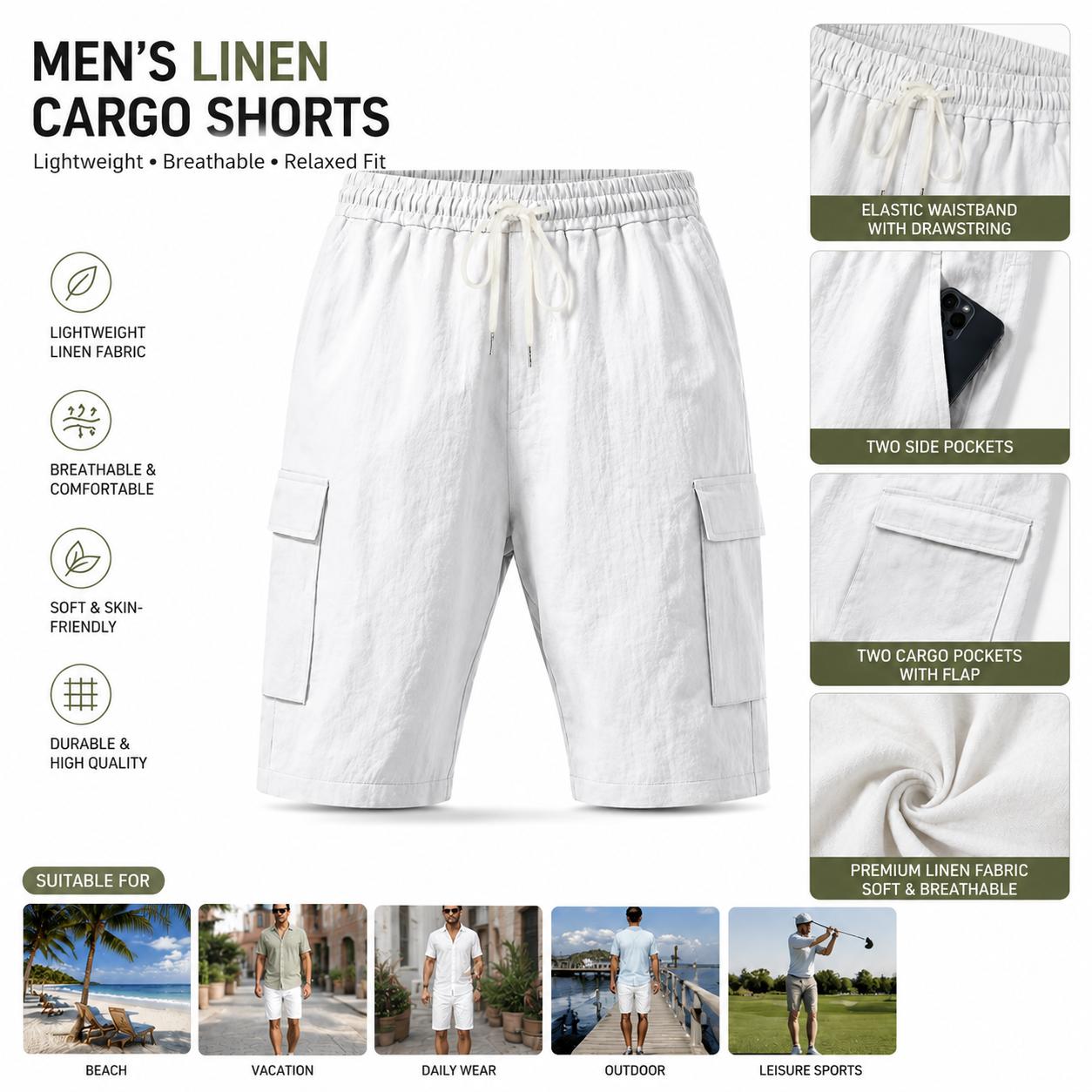 Men’s Linen Cargo Shorts, Lightweight Breathable Casual Shorts with Side Pockets, Elastic Drawstring Waist Utility Shorts for Men, Relaxed Fit Summer Linen Shorts for Beach, Travel, Outdoor Activities, Vacation and Daily Wear